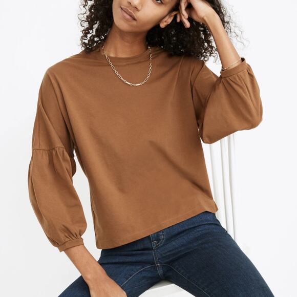 MADEWELL Brown Drop-Shoulder Bubble-Sleeve Tee Top Size Small - Picture 1 of 5